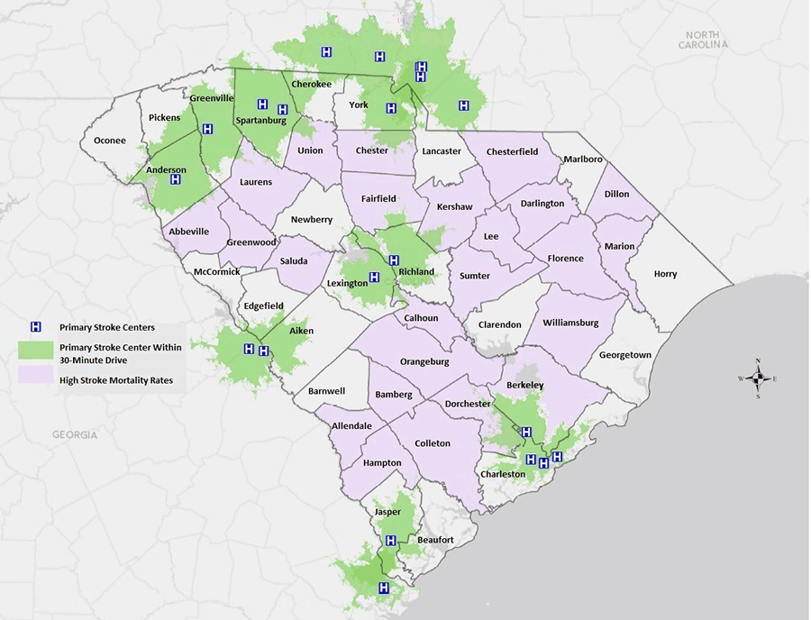 15_0418_01.gif South Carolina primary stroke centers (PSCs) and the population within a 30-minute drive time (54% of the South Carolina population lives within a 30-minute drive of a PSC).