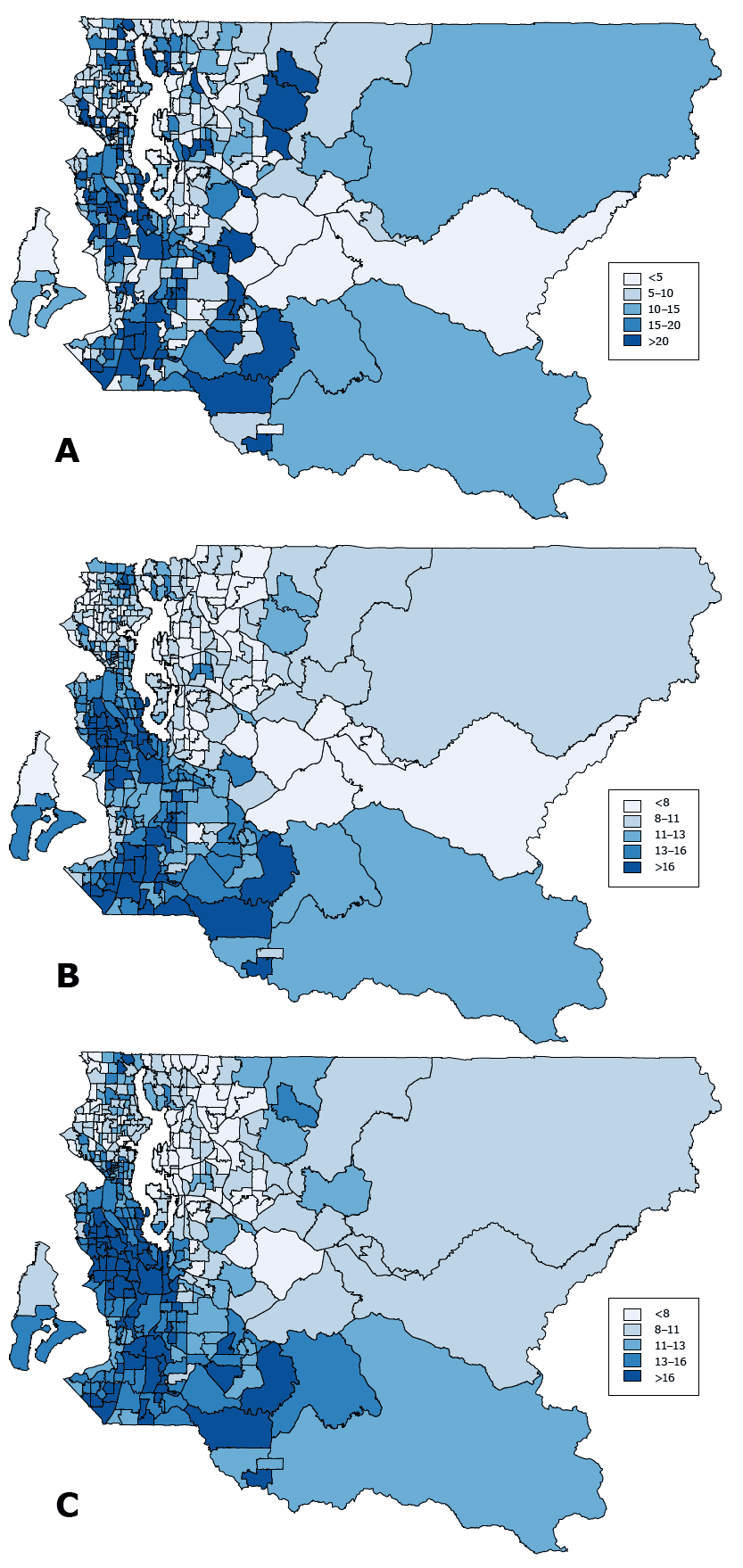 Current smoking prevalence by census tract among King County adults. Maps illustrate 3 methods for estimating smoking prevalence rates by census tract. Map A is based on the direct estimation method. Because sample sizes for many of the census tracts are too small (n %26lt;50), prevalence rates estimated by this method are unreliable. Map B shows smoothed estimates derived from our small area estimation model (hierarchical Bayesian model) for respondents with complete information on geocoded census tracts. Respondents with missing data on census tracts were excluded from this analysis. Map C combines the smoothed and the multiple imputation methods to present estimates generated by using both the small area estimation model and multiple imputation to include all respondents. Data are from the King County sample of the Behavioral Risk Factor Surveillance System for 2009 through 2013 combined.