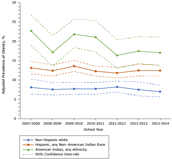 15_0594_02.gif Adjusted annual prevalence of obesity, by race/ethnicity and school year, in a sample of kindergarten students in an Urban School District in the Southwestern United States, 2007–2014. Data adjusted for sex, free- or reduced-price lunch status, disability status, measurement date, and clustering by school.