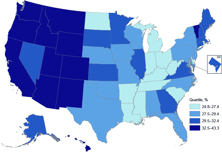 16_0054_02.gif Age-adjusted prevalence of adults aged 21 years or older self-reporting 4 or 5 health-related behaviors, by state and quartile, Behavioral Risk Factor Surveillance System, 2013.