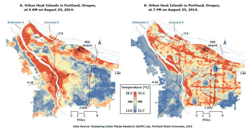 16_0099_01.gif Empirically derived 1-m–resolution descriptions of (A) morning and (B) evening urban heat islands in Portland, Oregon, on August 25, 2014. Temperatures were recorded in 1-hour periods at 6 AM and 7 PM. In the morning, low-lying vegetation cover had the strongest effect on temperature; in the evening, temperatures were most strongly affected by variation in building heights. High-resolution data sets such as those used here can inform preparation for extreme heat events and public health interventions.