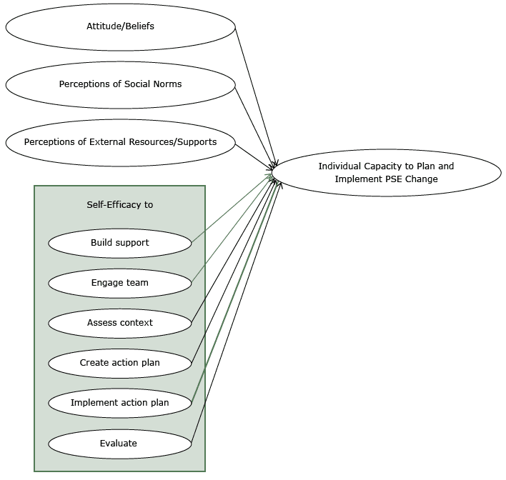 16_0105_01.gif Conceptual framework used to measure the capacity of out-of-school time program providers to plan and implement interventions that change organizational policies, systems, or environments (PSE interventions).