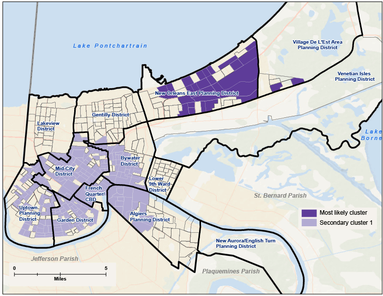 16_0107_01.gif Pre-Katrina significant clusters of hospitalizations for substance abuse disorders at the block group level calculated by using the discrete Poisson model with sex and age group as covariates, New Orleans, 2004. The most likely cluster (the cluster least likely to be due to chance) was the New Orleans East area with 316 block groups and a relative risk of .38 compared with the city as a whole. The next highest was central New Orleans with a relative risk of 1.83.