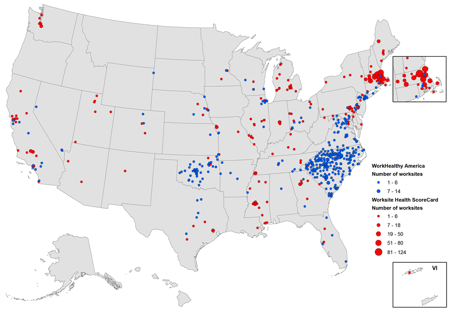 16_0164_02.gif Workplaces using WorkHealthy America (2008–2015, N = 667) and the CDC Worksite Health ScoreCard (2014–2015, N = 1,124). Workplaces were mapped to city, county, or zip code depending on availability of geographic data. Excluded are 6 workplaces because of lack of geographic information. Abbreviation: VI, Virgin Islands.