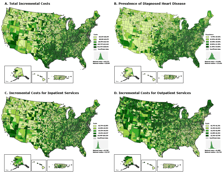 16_0209_01.gif Incremental costs of care and prevalence of diagnosed heart disease for fee-for-service Medicare beneficiaries by county, 2012. A. Total incremental costs of care. Seven counties had negative incremental values. B. Prevalence of diagnosed heart disease. C. Incremental costs for inpatient services. Nineteen counties had negative incremental values. D. Incremental costs for outpatient services. Ten counties had negative incremental values. All counties with negative incremental values had fewer than 30 beneficiaries with heart disease. Beneficiaries with diagnosed heart disease were identified according to the following Centers for Medicare %26 Medicaid Services Hierarchical Conditions Category codes: congestive heart failure (80), acute myocardial infarction (81), unstable angina/acute ischemic heart disease (82), and specified heart arrhythmias (92). Incremental costs were calculated as the difference between the mean annual costs per capita for beneficiaries with heart disease and the mean annual costs per capita for beneficiaries without heart disease. For all maps, the category “Insufficient data” indicates that data from counties with fewer than 10 Medicare beneficiaries were suppressed. Data source: Centers for Medicare %26 Medicaid Services (5). We used ESRI’s ArcGIS 10.3 software to produce the maps.