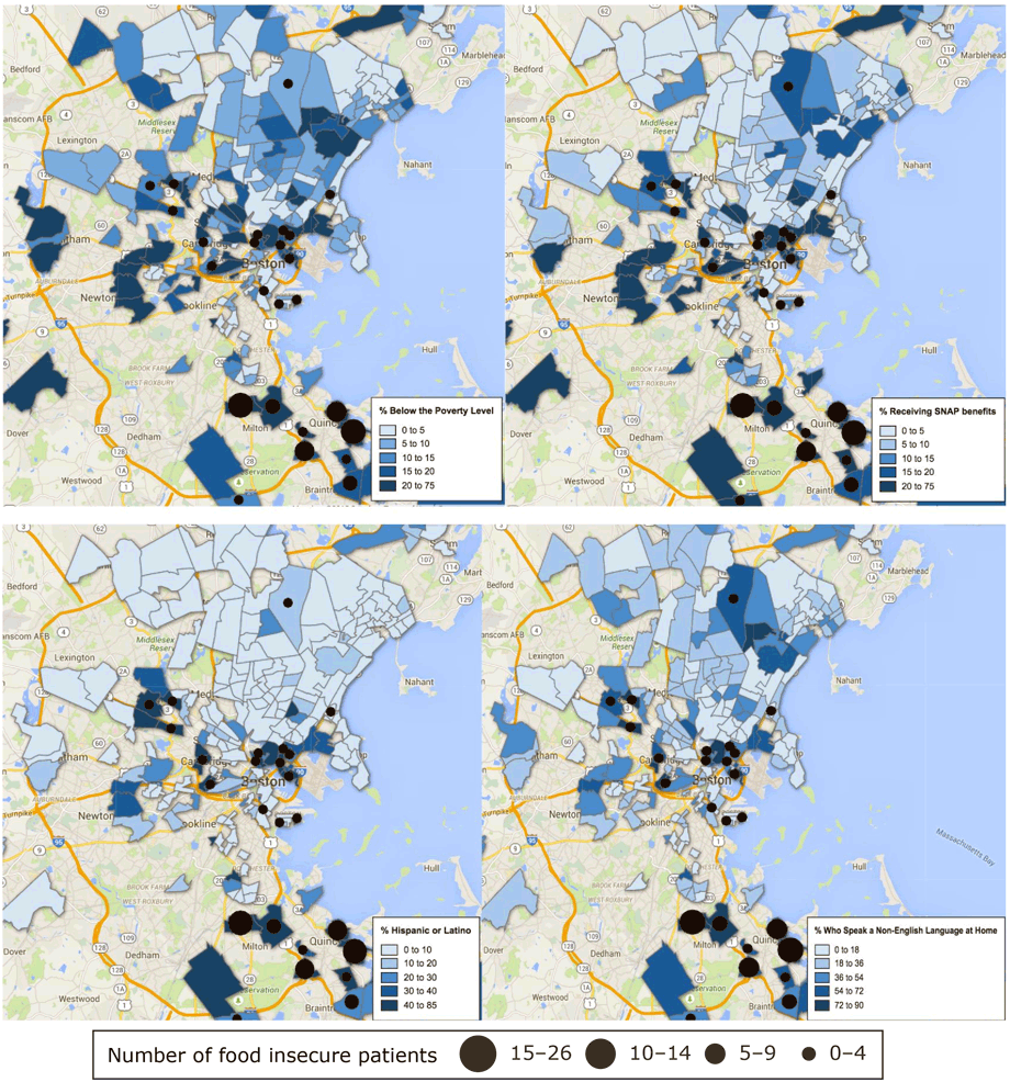 16_0212_01.gif Intensity maps of sociodemographic variables at the census tract level with overlapping data on the number of food insecure women residing in each census tract, Boston metropolitan area, 2013–2015. Abbreviation: SNAP, Supplemental Nutrition Assistance Program.