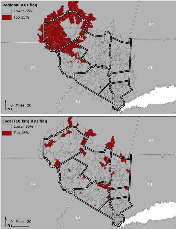 16_0221_01.gif Regional versus local variation in the area deprivation index (ADI) in the Hudson Valley of New York. Dichotomized ADI values were calibrated on the basis of regional and local 10-km scales by zip code tabulation area.