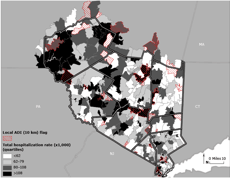16_0221_02.gif Local area deprivation index (ADI) values versus total hospitalization rate, Hudson Valley, New York. Zip code tabulation areas are indicated with cross hatching to depict local 10-km ADI values above the 15% threshold. Total hospitalization rates (1999–2000) are shown in quartiles. Maps of other health outcomes are available from the author upon request.