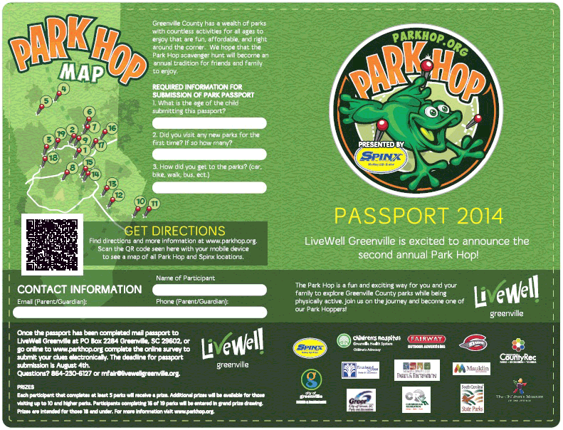 16_0043_01.gif The Park Hop passport (front) used by children and adolescents to answer questions posed by clues placed in parks in Greenville County, South Carolina, 2014.