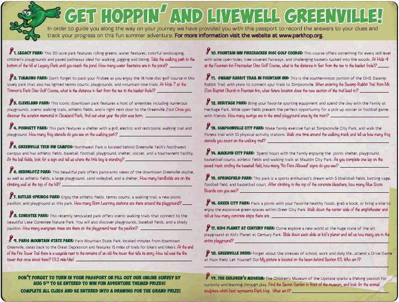 16_0043_02.gif The Park Hop passport (back) used by children and adolescents to answer questions posed by clues placed in parks in Greenville County, South Carolina, 2014.