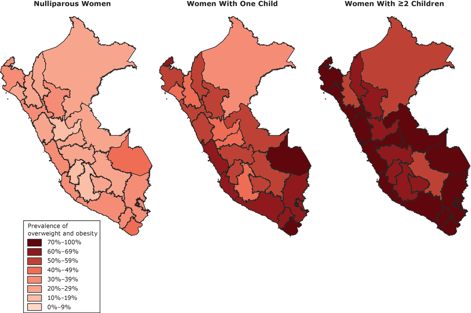 16_0282_01.gif Regional prevalence of women with overweight/obesity, by number of children, Peru’s Demographic and Health Survey, 2012.