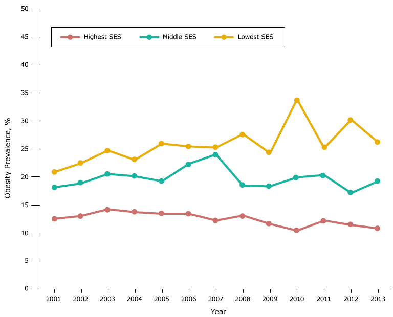 16_0377_06.gif Obesity prevalence among white fifth-grade students, by socioeconomic status (SES), Los Angeles Unified School District, California, 2001–2013. Throughout the study period, obesity prevalence was lowest among white students in the high-SES group and highest among white students in the low-SES group. Obesity prevalence in 2008 for white students in the low SES group should be interpreted cautiously because of the limited number of students with body mass index information.