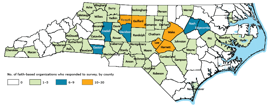 16_0393_01.gif Counties represented by the faith communities that responded to the survey on sharing facilities for physical activity, North Carolina, 2013.