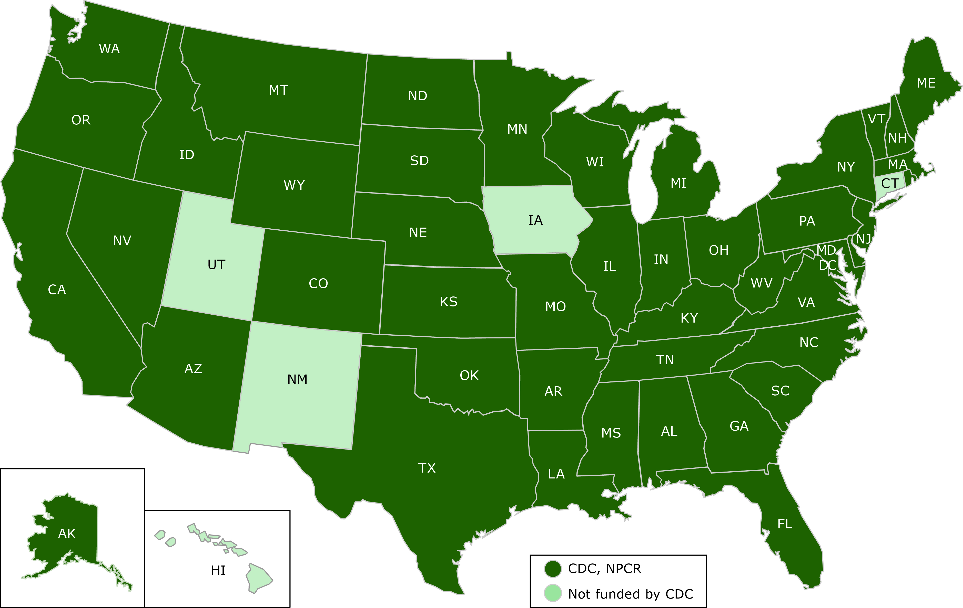 16_0480_01.gif Centers for Disease Control and Prevention’s (CDC’s) National Program of Cancer Registries (NPCR) 2017 funding, showing which states receive funding from CDC’s NPCR and which do not.