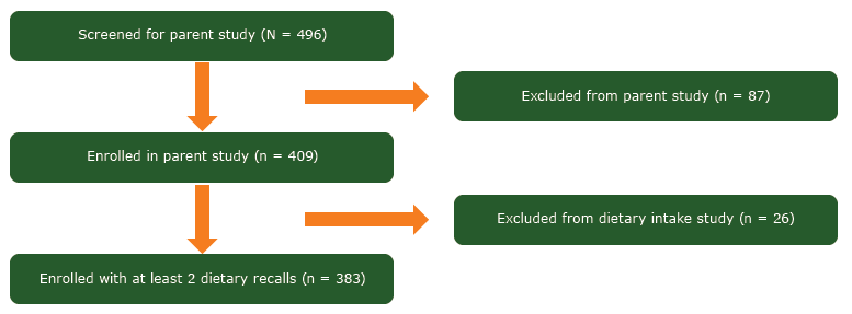 16_0595_01.gif Study cohort enrollment diagram for 383 overweight and obese African American women enrolled in a weight loss intervention in rural Alabama and Mississippi, 2011–2013.
