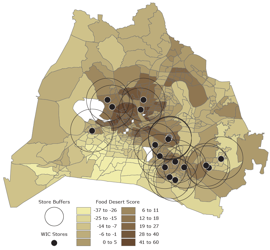 17_0008_01 Location of 18 sampled WIC stores, by census-tract food desert score, Nashville/Davidson County, Tennessee. Each store is surrounded by a 3-mile-radial buffer. Food desert scores, ranging from −37 to 60, were grouped into 10 categories. The higher the score, the greater the likelihood of a food desert; a score of 20 or above indicates a food desert. The food desert score was created by summing 36 z scores of variables that measure distance to grocery store, distance to bus stops, social characteristics and poverty, race/ethnicity, chronic disease prevalence, and access to transportation (23). Food desert scores cannot be computed for census tracts that have no residential parcels; these tracts are shown in white.