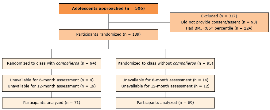 17_0130_01 CONSORT diagram illustrating the flow of participants through the study, an obesity prevention intervention using compañeros, Houston, Texas, 2013–2016. Participants included in the main analysis had baseline, 6-month, and 12-month assessment data. Abbreviation: CONSORT, the Consolidated Standards of Reporting Trials.