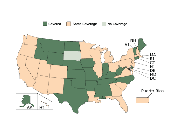 State Medicaid Coverage for Quick Relief Medications, American Lung Association’s Asthma Guidelines-Based Care Coverage Project, 50 US States, the District of Columbia, and Puerto Rico. Data collected as of June 30, 2017. All states were covered, had some coverage, or were not covered; no states were covered without barriers.