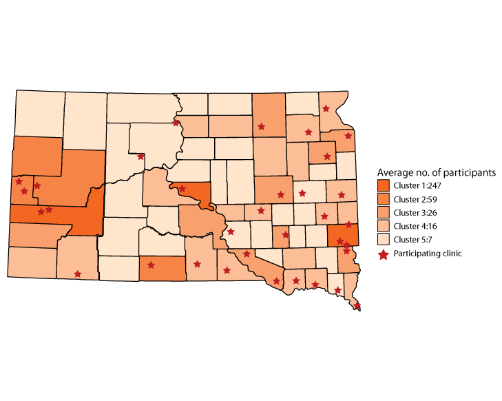 County clusters (groups of counties with similar sociodemographic characteristics [population, percentage of population with annual incomes at or below 200%26#37; of the Federal Poverty Level, median income] and AWC! participation) and the 20-year (1997–2016) average annual number of participants in the All Women Count! (AWC!) program in those counties. Red stars indicate that a clinic in that county participated in the AWC! program.