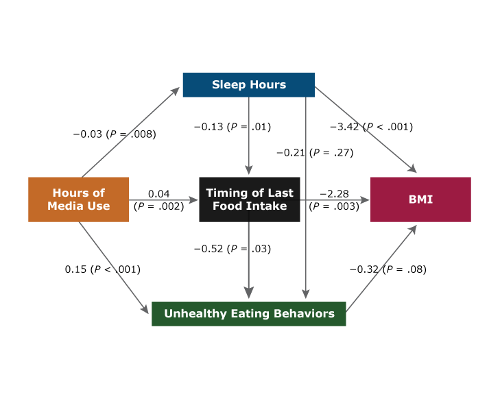 Mediation model examining the association between hours of media use and body mass index (BMI) percentile among adolescent males (8th and 11th grade students) in Texas, 2015–2016. Data are from the 2015–2016 School Physical Activity and Nutrition Survey (32). 