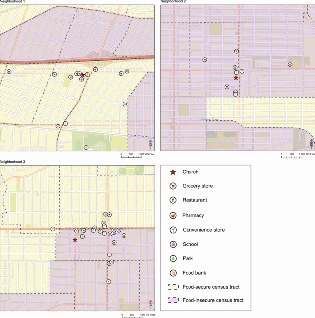 20_0028_01 Food environment maps of 3 neighborhoods in South Los Angeles. The neighborhoods were defined as a 0.5-mile radius around 3 intervention churches. Each map shows the location of the church, brick-and-mortar retail food sources (grocery stores, restaurants, convenience stores), schools, parks, and census tracts (which are distinguished as either food-secure or food-insecure census tracts). Of 12 census tracts in Neighborhood 1, five are food insecure. Neighborhood 1 has 1 church, 2 schools, 2 parks, 6 grocery stores, 2 restaurants, and 2 convenience stores, all of which are located in food-secure census tracts. In Neighborhood 2, nine of 10 census tracts are food insecure. Neighborhood 2 has 1 church, 1 school, 3 grocery stores, 4 restaurants, and 1 convenience store; all of which are located in food-insecure census tracts. Neighborhood 3 has 1 church, 2 schools, 3 grocery stores, 13 restaurants, 2 convenience stores, 1 pharmacy, and 1 food bank. In Neighborhood 3, of 20 food sources, 17 are located in food-insecure census tracts.