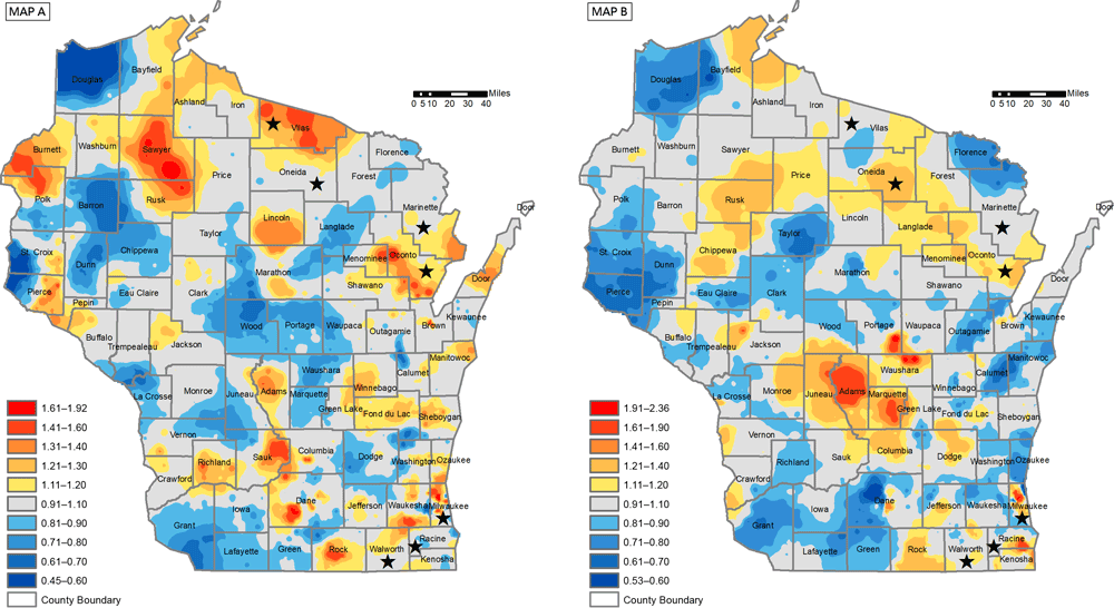 20_0183_01 Female breast cancer mortality rate (Map A) and lung cancer mortality rate (Map B), Wisconsin, 2008–2013. The female breast cancer mortality rate is indirectly age standardized and smoothed using adaptive spatial filtering. The lung cancer mortality rate is indirectly age–sex standardized and smoothed using adaptive spatial filtering. A grid of points is used to estimate mortality rates continuously across the map, based on the 20 closest breast cancer deaths and the 40 closest lung cancer deaths. Red areas indicate higher rates than expected and blue areas indicate lower rates than expected, compared with the regional rate. Areas without color indicate rates close to the regional rate. Data source: State Vital Records Office, Wisconsin Department of Health Services 2008-2013 (12). Reprinted with permission of Yuhong Zhou, PhD, and Kirsten Beyer, PhD, MPH, MS, Medical College of Wisconsin.