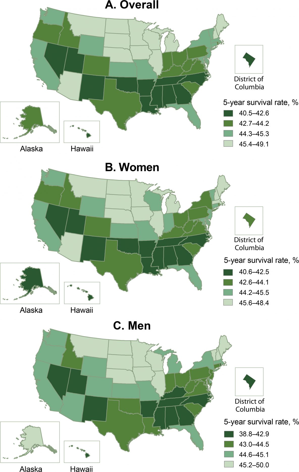 20_0242_01 Adjusted 5-year survival after acute ischemic stroke among Medicare fee-for-service beneficiaries, Medicare cohort 2008–2017. Map A shows the adjusted 5-year survival after acute ischemic stroke among all Medicare fee-for-service beneficiaries. Map B shows the adjusted 5-year survival among women, and Map C shows the adjusted 5-year survival among men.