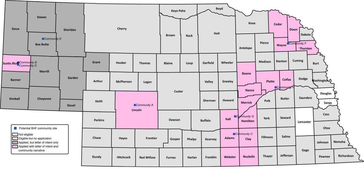 20_0248_01 Counties deemed eligible (n = 90) and response to the request for application among counties interested in adopting and implementing Building Healthy Families, a pediatric weight management intervention, Nebraska, 2019.