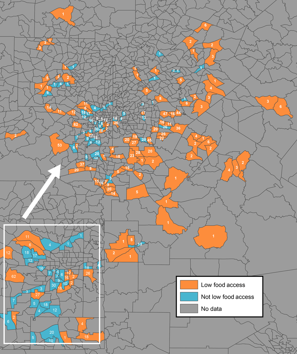 20_0316_01 Objectively measured levels of food access, by 2010 census tract boundaries, in metropolitan Atlanta, Georgia. Only census tracts in which participants in the Morehouse–Emory Cardiovascular Center for Health Equity Study (indicated by the numbers inside census tracts) resided were examined for food access. “Low food access” refers to census tract areas that had objectively measured low levels of access to healthy foods, and “not low food access” refers to census tracts areas that had objectively measured high levels of access to healthy foods. The US Department of Agriculture Food Access Research Atlas classifies urban census tracts as having low levels of access to healthy foods when ≤500 people or 33%26#37; of the census tract population resides 1 mile or more from a large grocery store, supercenter, or supermarket (22). Inset shows the city of Atlanta.