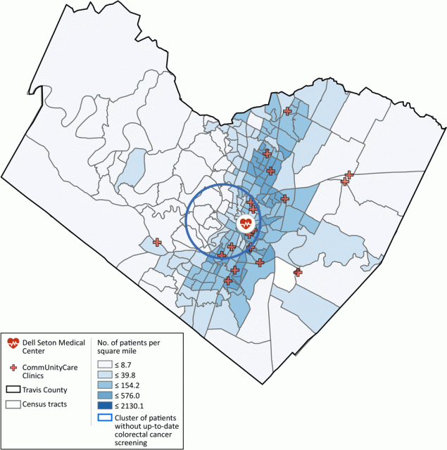 20_0362_01 Medical facilities serving patients in Travis County, Texas and density of geocoded patients per square kilometer at the census tract level. A cluster shows levels of colorectal cancer screening was significantly lower, relative to patients from areas outside of the cluster but also served by the system of federally qualified health centers in the county. Radius of the circle is 4.0 miles.
