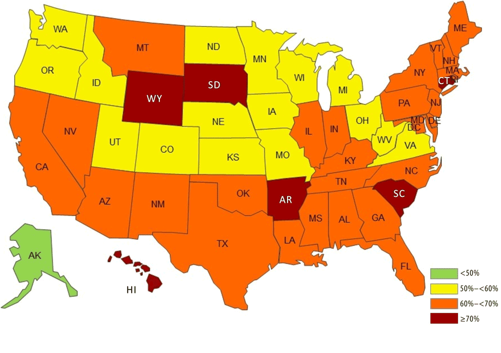 20_0434_01 Prevalence of self-reported sugar-sweetened beverage (SSB) intake once daily or more among US adults by state, National Health Interview Survey Cancer Control Supplement (NHIS CCS), 2010 and 2015. SSBs include regular soda, sweetened fruit drinks, sports/energy drinks, and sweetened coffee/tea drinks. This map shows combined 2010 and 2015 data from the NHIS CCS (9,10).