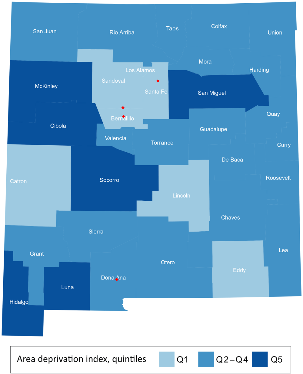 20_0468_02 County-level Area Deprivation Index (ADI) quintiles for 33 New Mexico counties in 2012 categorized as the lower 20%26#37; (Q1), middle 60%26#37; (Q 2–4), and upper 20%26#37; (Q5). Higher quintiles indicate increased socioeconomic disadvantage. Red diamonds depict major cites (Albuquerque in Bernalillo County, Las Cruces in Dona Ana County, Rio Rancho in Sandoval County, and Santa Fe in Santa Fe County). ADI scores were developed by Mayo Clinic researchers (10), and are derived from 17 indicators that served as surrogates for income, employment, housing, and education.