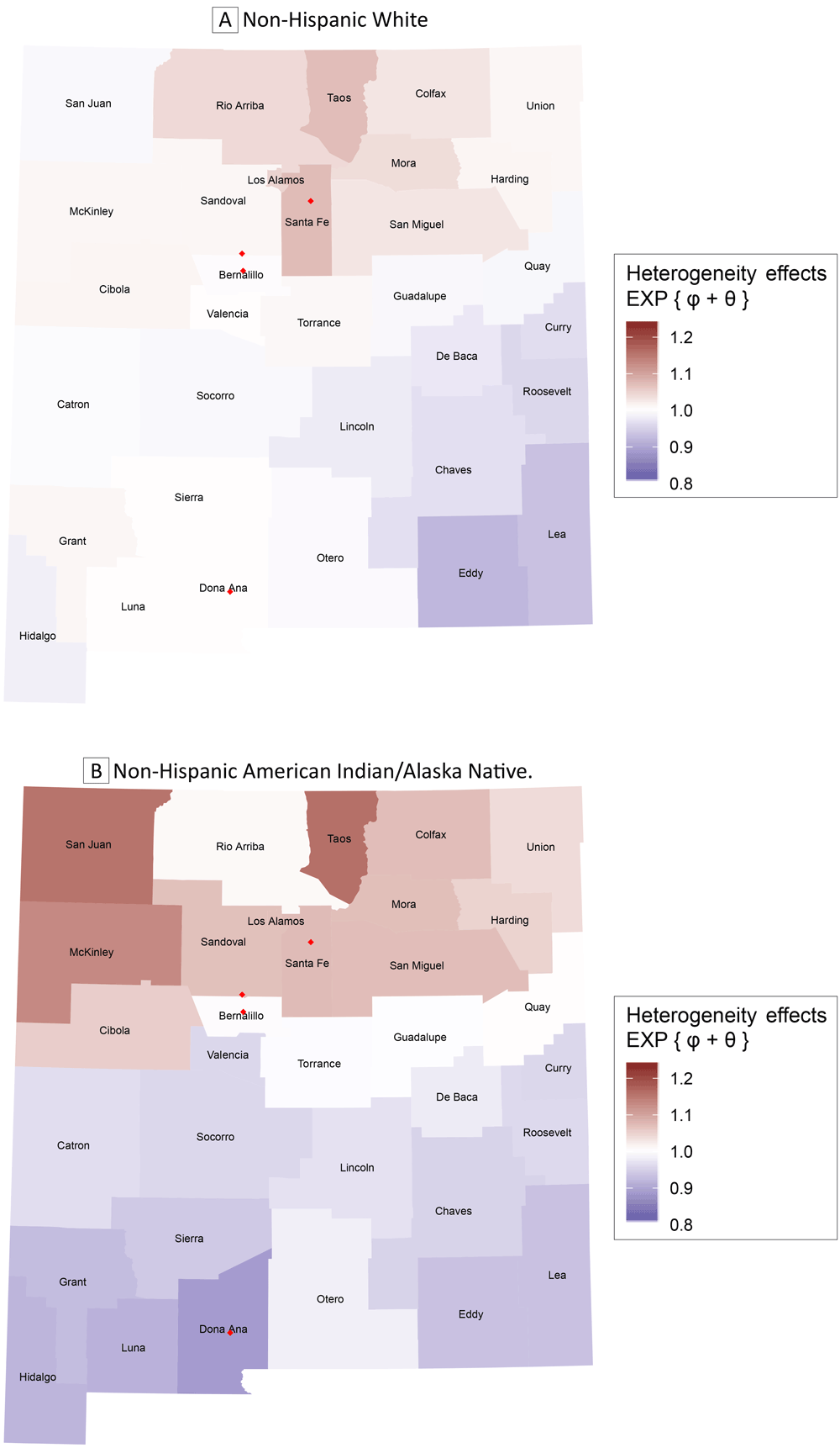 20_0468_03 Exponentiated sum of the posterior average county-level heterogeneity effects obtained from the proposed model. Map A gives the results for non-Hispanic White women and Map B gives the results for non-Hispanic American Indian/Alaska Native women. Red diamonds depict major cites (Albuquerque in Bernalillo County, Las Cruces in Dona Ana County, Rio Rancho in Sandoval County, and Santa Fe in Santa Fe County).