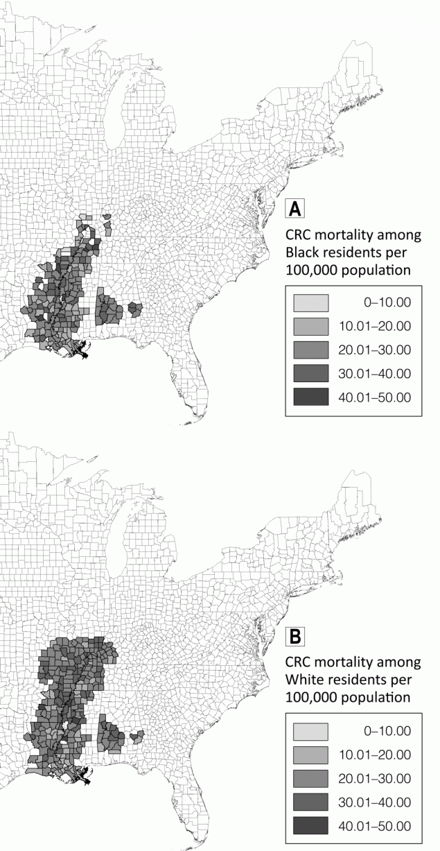 20_0483_01 Colorectal cancer mortality rates per 100,000 population among A, Black residents and B, White residents in counties in the Mississippi Delta Region, 1999–2018. Map created using ESRI ArcGIS version 10.5.1. Abbreviation: CRC, colorectal cancer.
