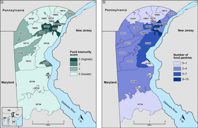 20_0555_01 Two maps depict the burden of food insecurity and number of food pantries by zip code in New Castle County, Delaware. The maps show that food insecurity burden and food pantries are concentrated in northeastern New Castle County, particularly in zip codes 19801, 19802, and 19805. Other zip codes throughout the county have elevated burdens of food insecurity but relatively few food pantries.