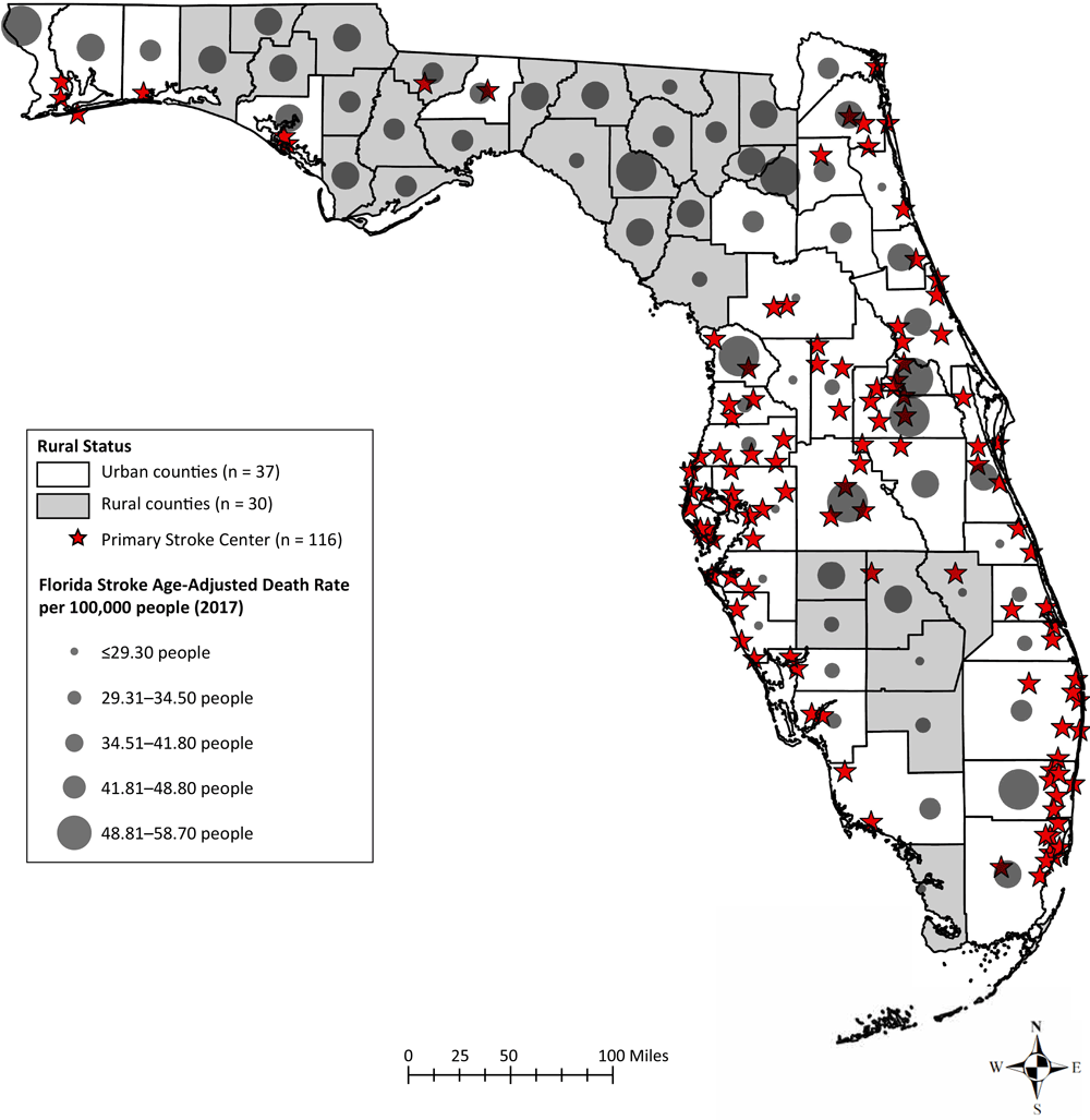 20_0561_01 Static display of Florida%26rsquo;s distribution of rural versus urban and high versus low death rate, where stroke centers are in relation to urban versus rural and low versus high primary stroke centers, and age-adjusted stroke mortality rates, by quintile, in urban versus rural counties in 2017. Data sources: Florida%26rsquo;s Geospatial Open Data Portal 2017, 2018; Rural Health Information Hub 2017; US Census Bureau, 2010; Florida Geographic Data Library, 2012.