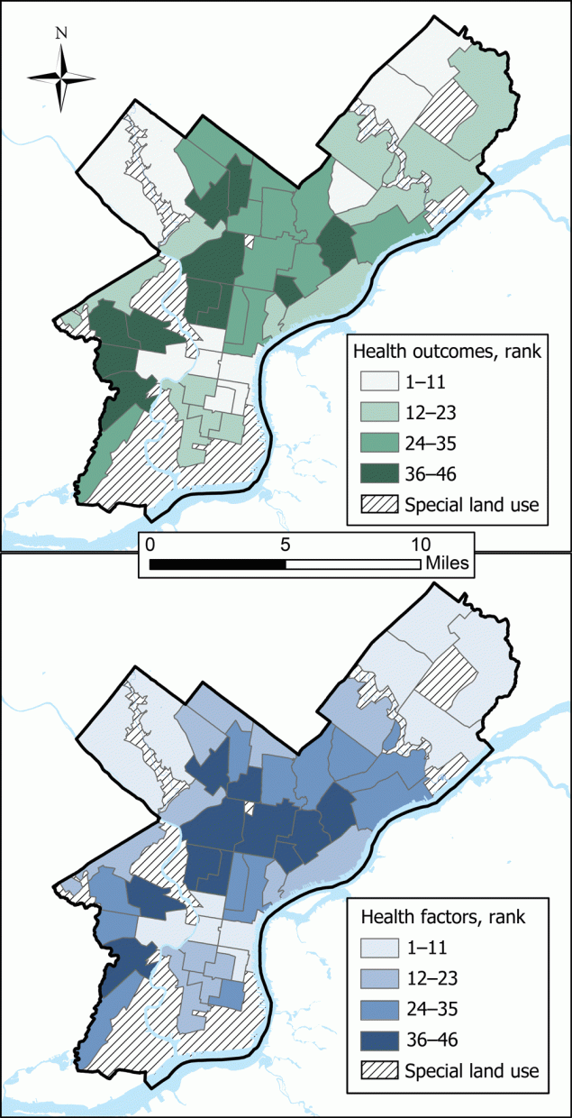 20_0584_02 Quartiles of neighborhood health rankings in Philadelphia for health outcomes and health factors. The higher the rank, the worse the health. Diagonal hatching indicates special land-use tracts that were excluded from rankings.