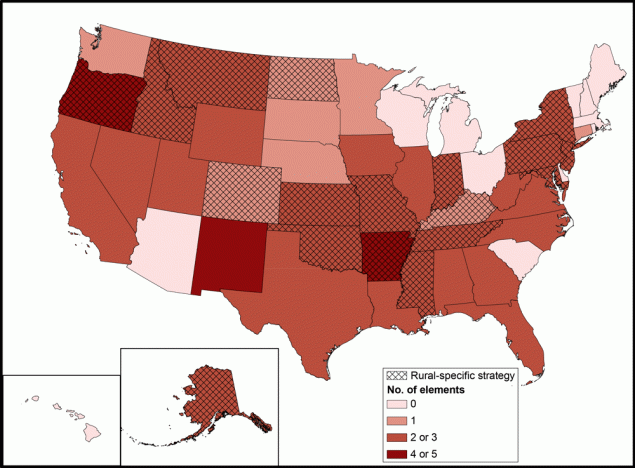 21_0091_01 Number of elements included in cancer control plans and whether plan included a rural-specific strategy, by state. Plans were assessed as to their inclusion of “rural” across 7 elements: 1) data on cancer burden, 2) reduction of cancer disparities, 3) rural population description, 4) rural definition, 5) goals, 6) objectives, and 7) strategies. Data source: National Comprehensive Cancer Control Program, Centers for Disease Control and Prevention.