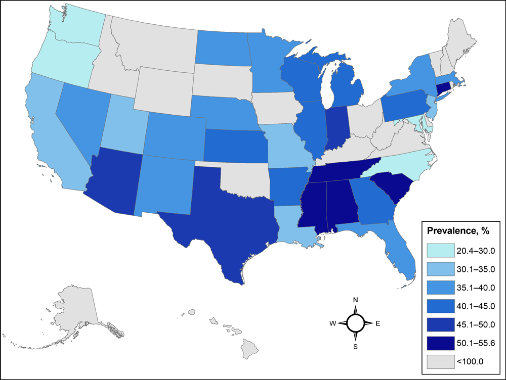 21_0094_01 Prevalence of obesity in the US among the All of Us Research Program cohort with a calculated body mass index (kg/m2) of 30 or above, based on physical measurement data. Prevalence estimates were not calculated for states with fewer than 100 participants