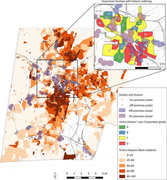 21_0127_01 The figure shows alcohol outlets of Durham County, North Carolina in 2017 with the city of Durham inset at top right. The inset shows historically redlined regions in 1933, established by the Home Owners’ Loan Corporation (HOLC). Measures from maps of present-day alcohol outlets and historic racial divides show similar disparities. The largest off-premises alcohol outlet cluster in 2017 also appears among the most HOLC grade D (ie, “hazardous”) neighborhoods from 1933. Concentrations of non-Hispanic Black residents are also shown.