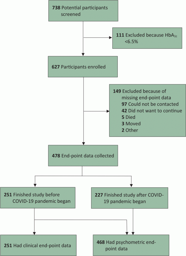 21_0259_01 Enrollment flowchart for a diabetes self-management education and support intervention in rural Guatemala, 2018–2020.