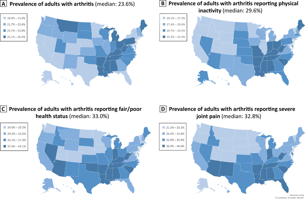 21_0346_01 Age-standardized, state-specific prevalence of arthritis among adults aged ≥18 years, and prevalence among those adults with arthritis with physical inactivity, fair/poor self-rated health status, or severe joint pain, in 49 states by quartile — Behavioral Risk Factor Surveillance System, 2019. In 2019, New Jersey did not collect sufficient data to meet the minimum requirement for inclusion in the BRFSS public-use data set. Estimates were age-standardized to the 2000 US projected population aged ≥18 years by using 3 age groups: 18−44 years, 45–64 years, and ≥65 years (https://www.cdc.gov/nchs/data/statnt/statnt20.pdf). Respondents were classified as having arthritis if they responded yes to the question, “Have you ever been told by a doctor or other health care professional that you have arthritis, rheumatoid arthritis, gout, lupus, or fibromyalgia?” Physical inactivity was defined by using the question, “During the past month, other than your regular job, did you participate in any physical activities or exercises such as running, calisthenics, golf, gardening, or walking for exercise?” and respondents answered no. Respondents were categorized as having fair/poor self-rated health status when answering “fair” or “poor” to the question, “Would you say that in general your health is excellent, very good, good, fair, or poor?” Respondents were classified as having severe joint pain if they responded with a rating of 7 to 10 to the question, “Please think about the past 30 days, keeping in mind all of your joint pain or aching and whether or not you have taken medication. During the past 30 days, how bad was your joint pain on average on a scale of 0 to 10 where 0 is no pain and 10 is pain or aching as bad as it can be?”