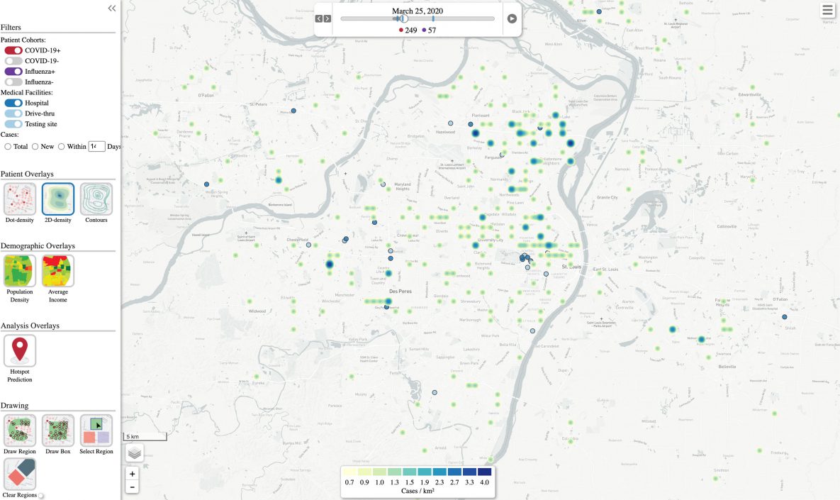 21_0425_02 Screenshot of a heatmap animation of the disease visualization tool, showing respiratory virus infection (ie, influenza or SARS-CoV-2) hotspots developing and resolving over time. Case coordinates are shuffled for privacy protection.