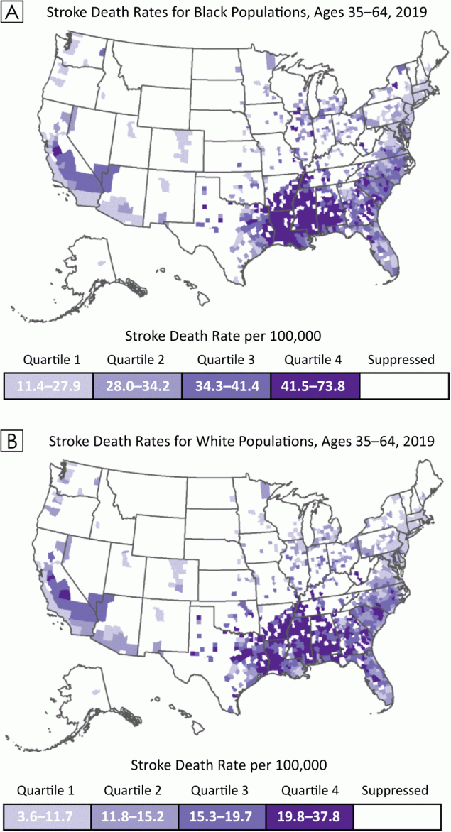 22_0081_Appendix Map A shows county-level stroke death rates for Black populations aged 35 to 64 years, and Map B shows county-level stroke death rates for White populations aged 35 to 64 years. Quartile cutpoints are based on the race-specific distributions of stroke death rates per 100,000 population. Only counties that met the inclusion criteria for the study are included on the maps.