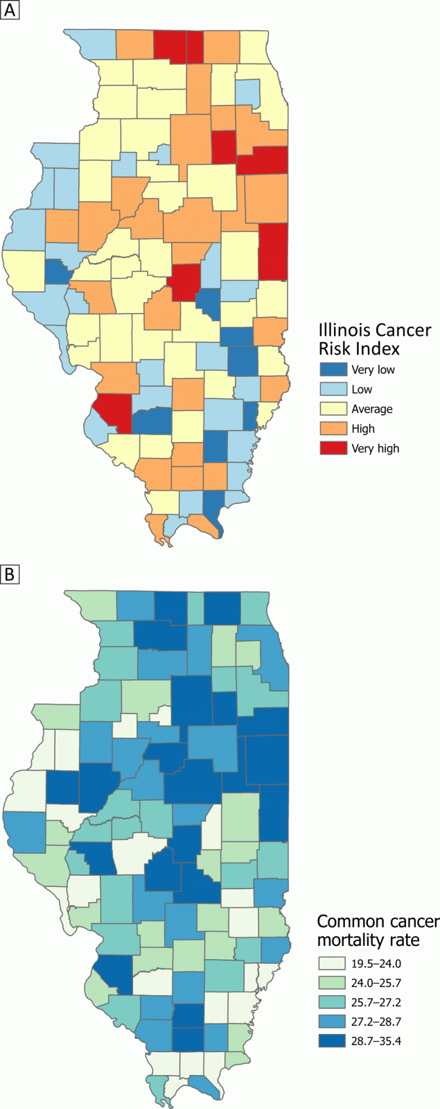 22_0104_01 Distribution by county of risk of the 4 most common cancers — lung, colorectal, breast, and prostate — in Illinois. Map A displays risk by the Illinois Cancer Risk Index (ICRI) for each county. Higher risk counties were located in the east-central portion of the state, with some also located in the far northern and southern portions of the state. Map B plots the common cancer mortality rate (CCMR), 2014–2018, for each county in Illinois. Counties in the 2 highest CCMR quintiles were located in the northeast and southern parts of Illinois, with some also located in the central portion of the state.