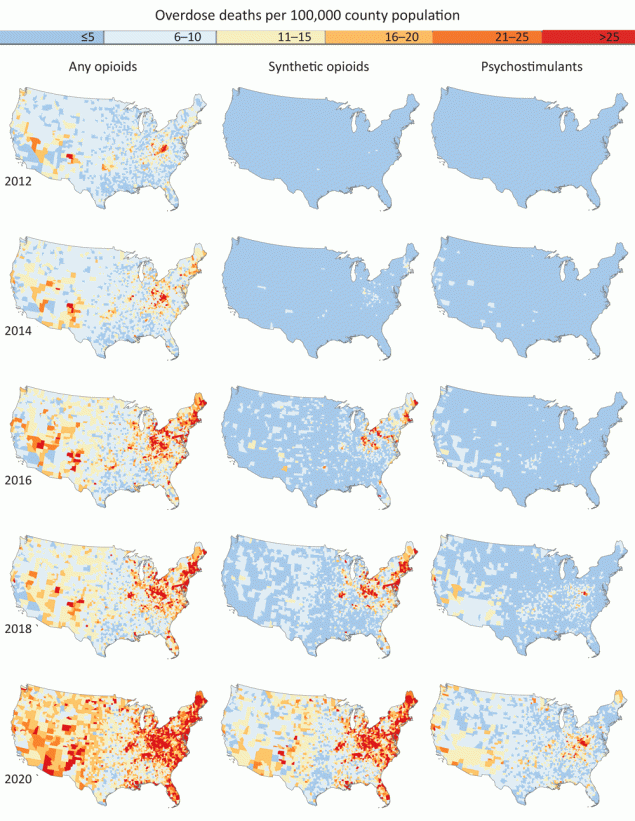 22_0316_01 Spatiotemporal trends in smoothed overdose death rates (any opioid, synthetic opioids, and psychostimulants) in US counties (N = 3,107), 2012–2020. Mortality rates were calculated by using restricted county-level data from the National Vital Statistics System; rates were mapped for 2012, 2014, 2016, 2018, and 2020.