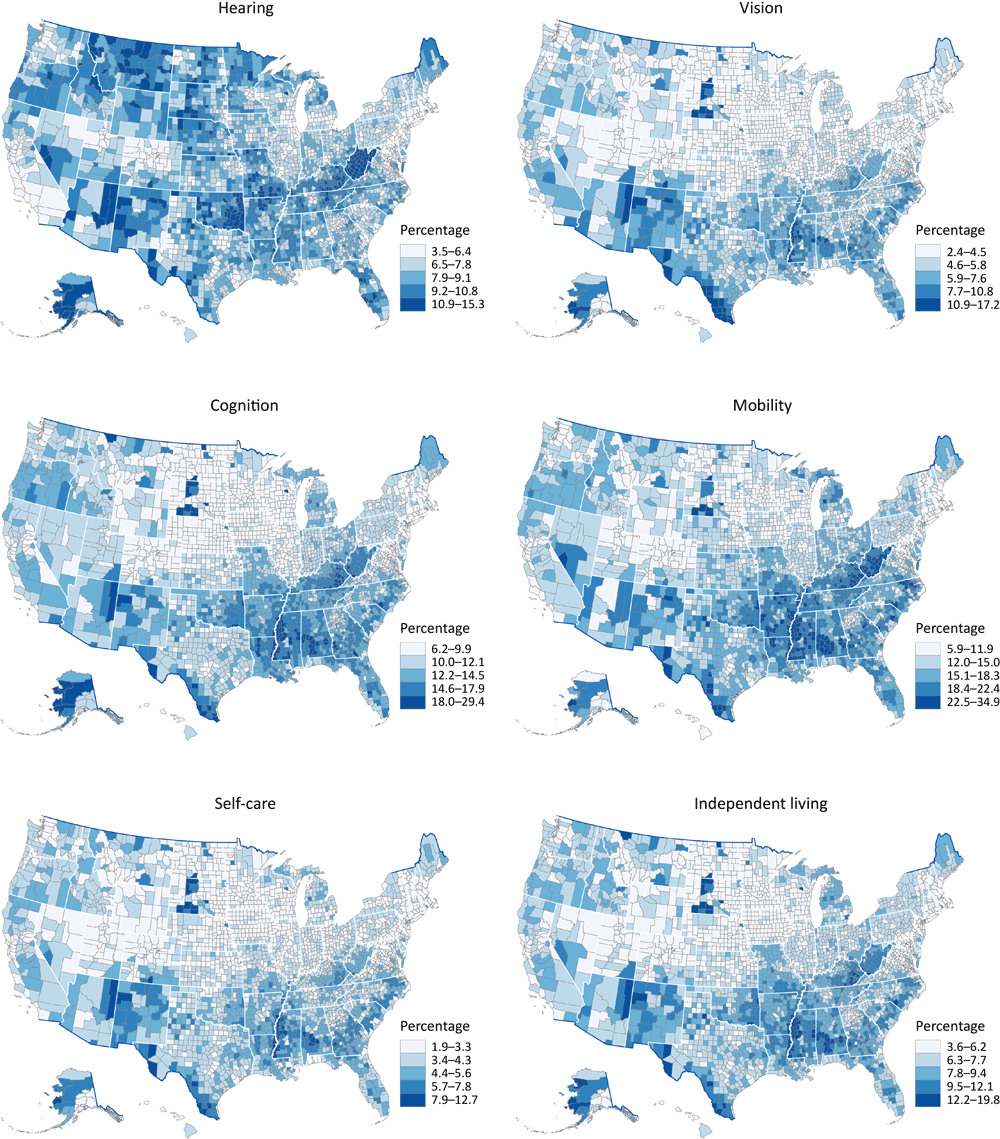 23_0004_01 County-level model-based estimates among adults aged ≥18 years by disability type, United States, 2018. Maps were classified into 5 classes by using Jenks natural breaks. Data sources: Behavioral Risk Factor Surveillance System 2018 (10), US Census Bureau (15,16).