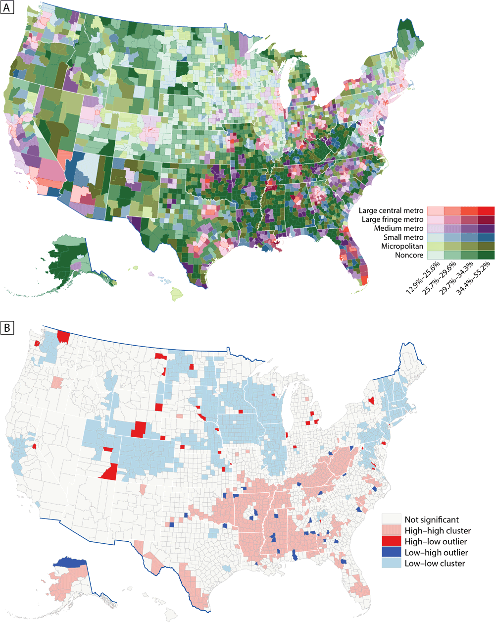 23_0004_03 Model-based estimates of any disability among adults aged ≥18 years by county, United States, 2018. A, Prevalence by urban–rural status, classified by quartiles. B, Prevalence by cluster-outlier analysis. Data sources: Behavioral Risk Factor Surveillance System 2018 (10), US Census Bureau (15,16).