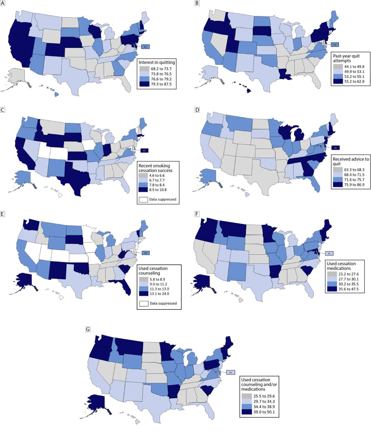 23_0132_01 State-level prevalence of smoking cessation and cessation treatment indicators among adults aged ≥18 years who reported currently or formerly smoking cigarettes, by quartile, Tobacco Use Supplement to the Current Population Survey, United States, 2018–2019. All categories are defined in the Methods section.