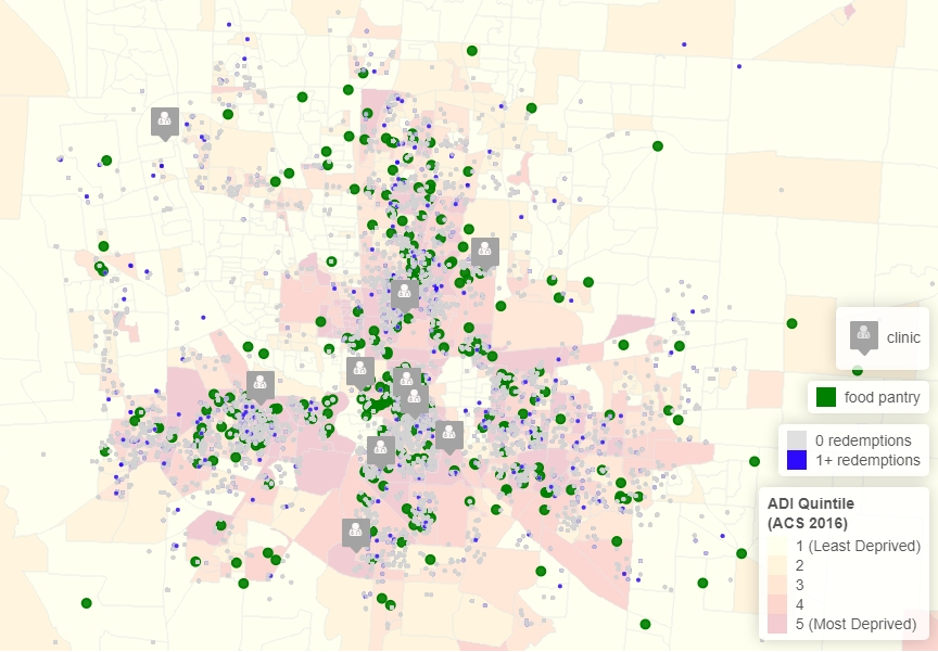 23_0155_01 Farmacy redemptions suggest that patients living in high deprivation areas (eg, ADI quintile 5) are potentially more likely to visit a food pantry.